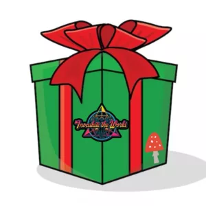 ITW sant'as mystery box green christmas present with inoculatetheworld logo